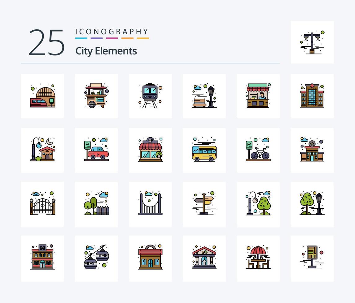 stad element 25 linje fylld ikon packa Inklusive stå. mat. järnväg. rekreation. stad vektor