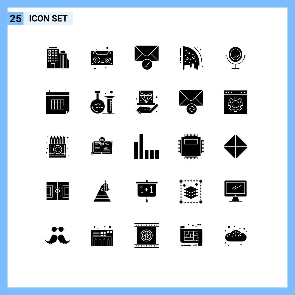 moderner Satz von 25 soliden Glyphen-Piktogrammen von Kalendermode gesendeten Spiegel-Lebensmittel-editierbaren Vektordesign-Elementen vektor