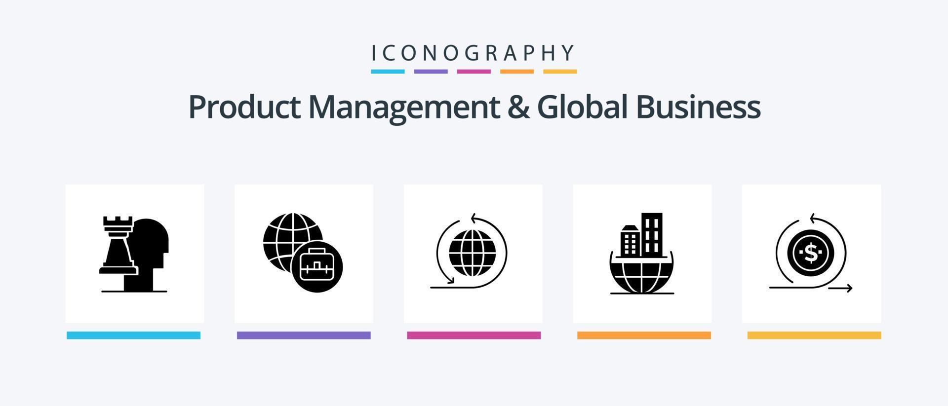 Produktmanagement und Global Business Glyph 5 Icon Pack inklusive . an. globale Organisation. modern. Unternehmen. kreatives Symboldesign vektor