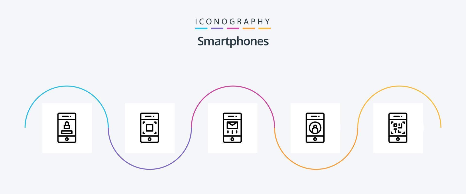 Smartphones Line 5 Icon Pack inklusive Barcode. Handy, Mobiltelefon. Umschläge. Medien. hinzufügen vektor