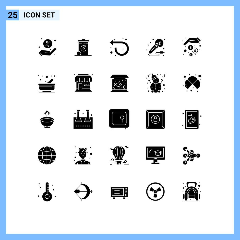 uppsättning av 25 vektor fast glyfer på rutnät för händer natt framåt- studio mikrofon redigerbar vektor design element