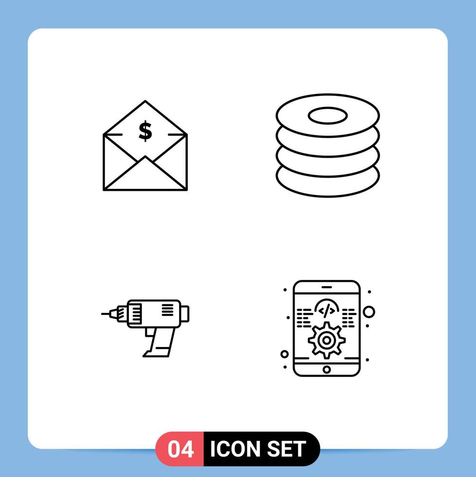 Packung mit 4 modernen Filledline-Flachfarbzeichen und -symbolen für Web-Printmedien wie Dollar-Drill-Geld-Getränkemaschine editierbare Vektordesign-Elemente vektor