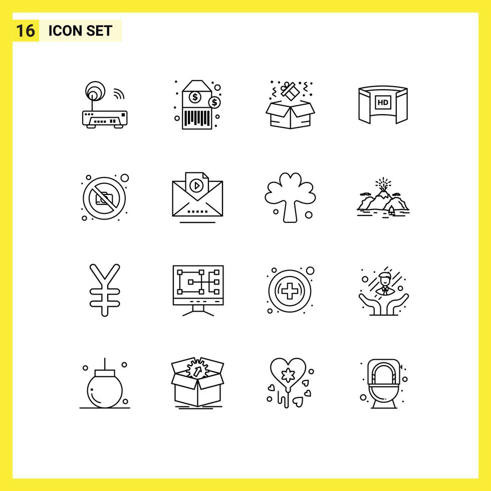 Stock Vector Icon Pack mit 16 Zeilenzeichen und Symbolen für keine Kamerabox HD-Bildschirm editierbare Vektordesign-Elemente