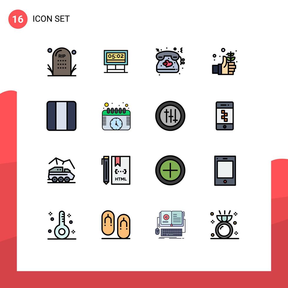 16 universelle, flache, farbgefüllte Linienzeichensymbole für die Verteilung von sicheren Scoreboard-Tageshochzeit editierbaren kreativen Vektordesign-Elementen vektor