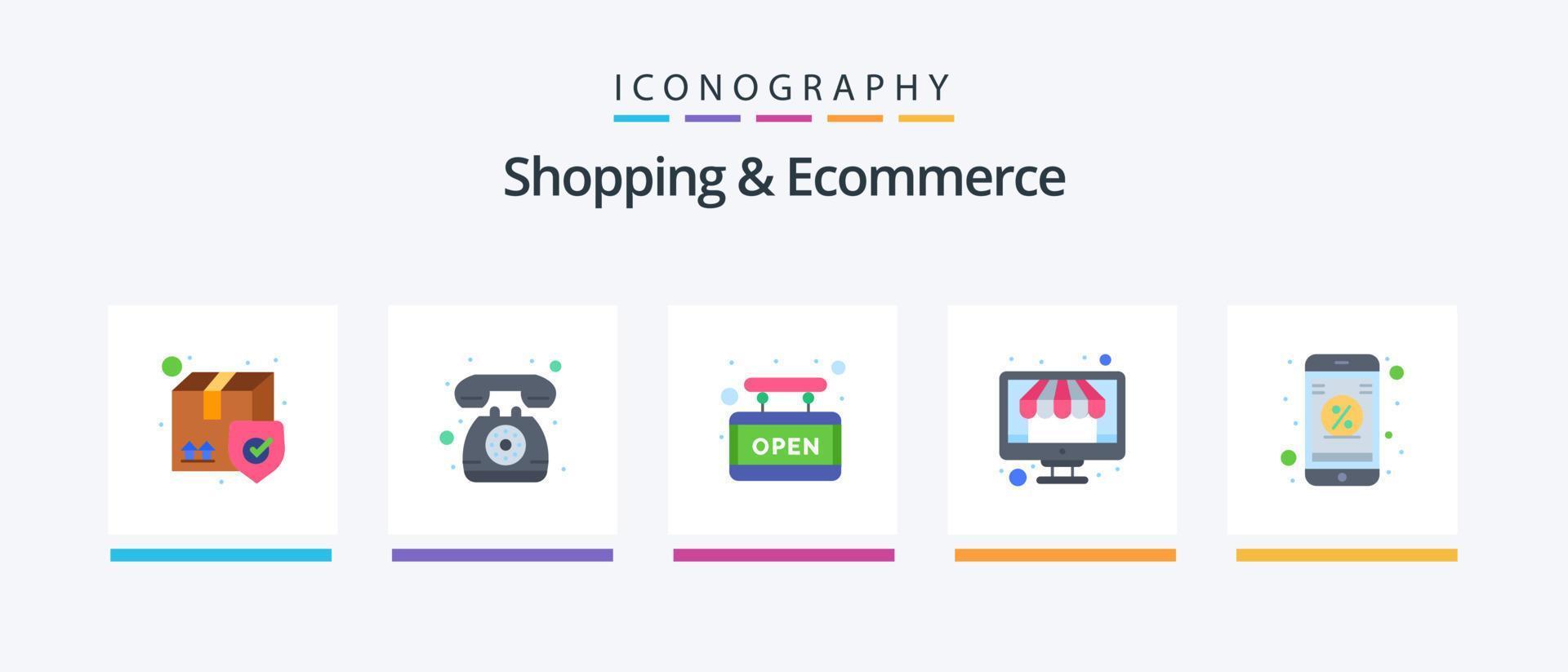 Shopping und E-Commerce Flat 5 Icon Pack inklusive Online-Rabatt. Einkaufen. Planke. Laden. online. kreatives Symboldesign vektor