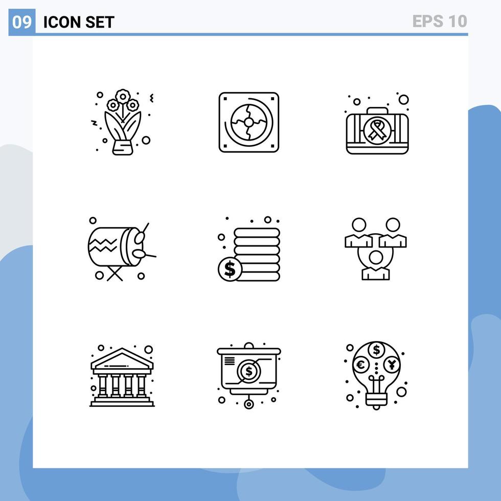 Packung mit 9 modernen Umrisszeichen und Symbolen für Web-Printmedien wie Münzen Ankündigung Erste-Hilfe-Instrument Trommel editierbare Vektordesign-Elemente vektor