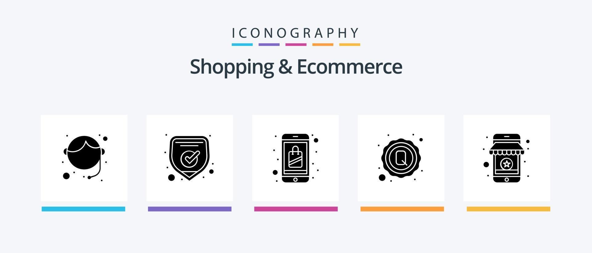 Shopping und E-Commerce Glyph 5 Icon Pack inklusive Bewertung. Qualitätsmarke. Tasche. Qualität. App. kreatives Symboldesign vektor