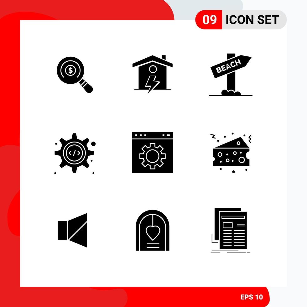 Piktogrammsatz von 9 einfachen soliden Glyphen von Ausrüstungsausrüstung Strand Quellcode HTML editierbare Vektordesign-Elemente vektor