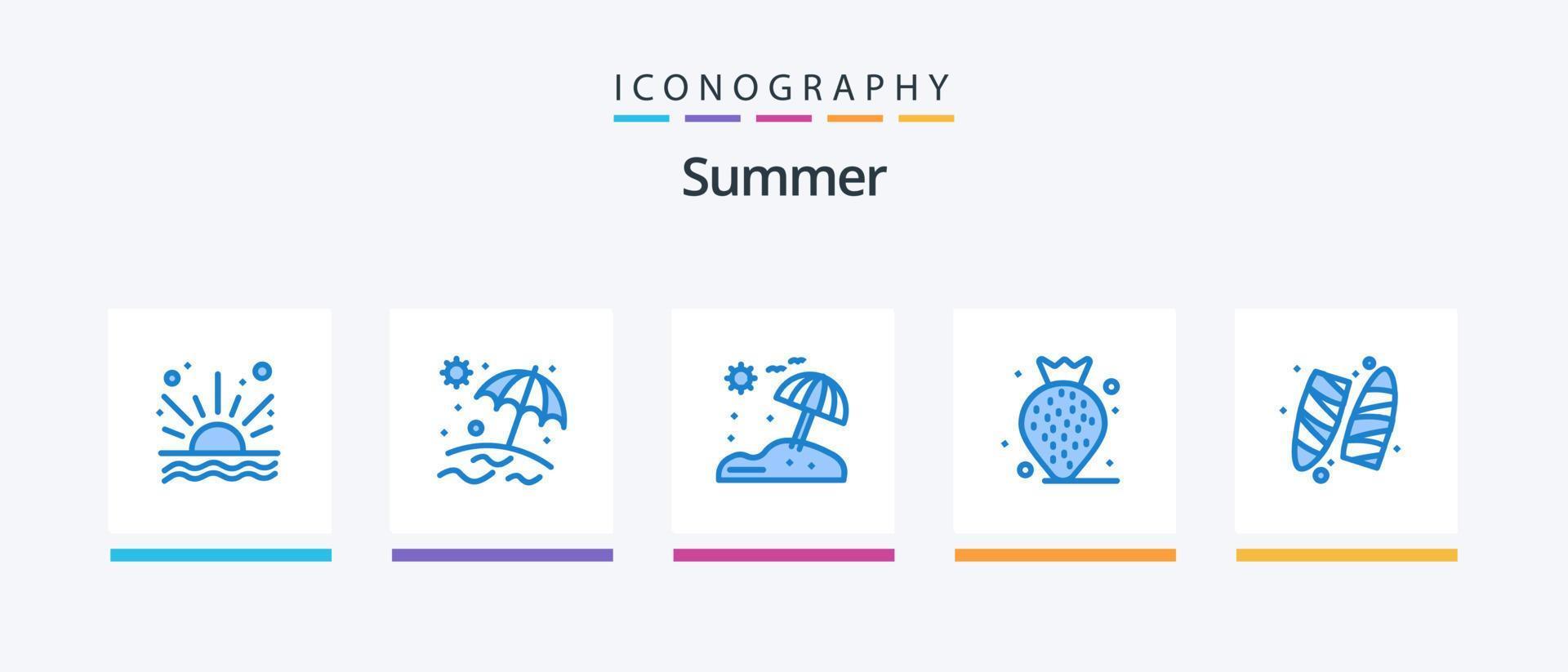 sommar blå 5 ikon packa Inklusive . jordgubbe. surfbräda. kreativ ikoner design vektor