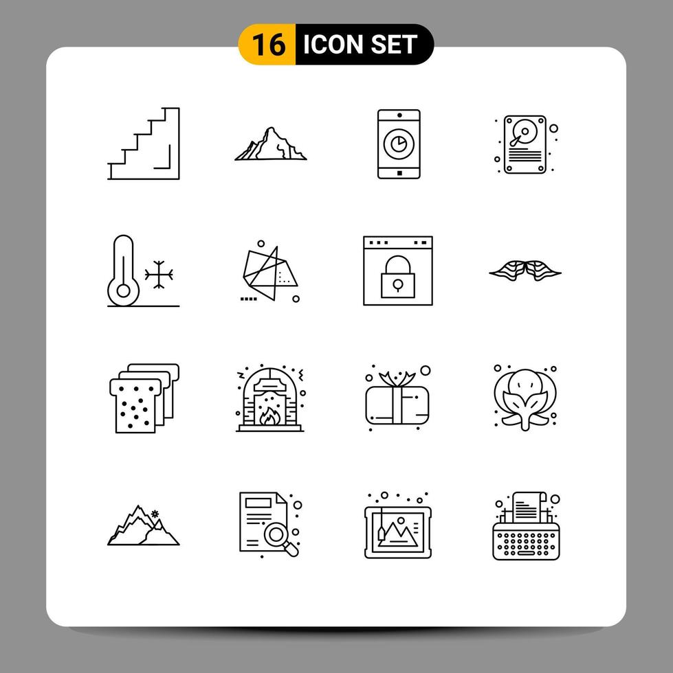 16 thematische Vektorumrisse und bearbeitbare Symbole für bearbeitbare Vektordesignelemente für die Speicherung von Festplattenbergdaten für mobile Anwendungen vektor