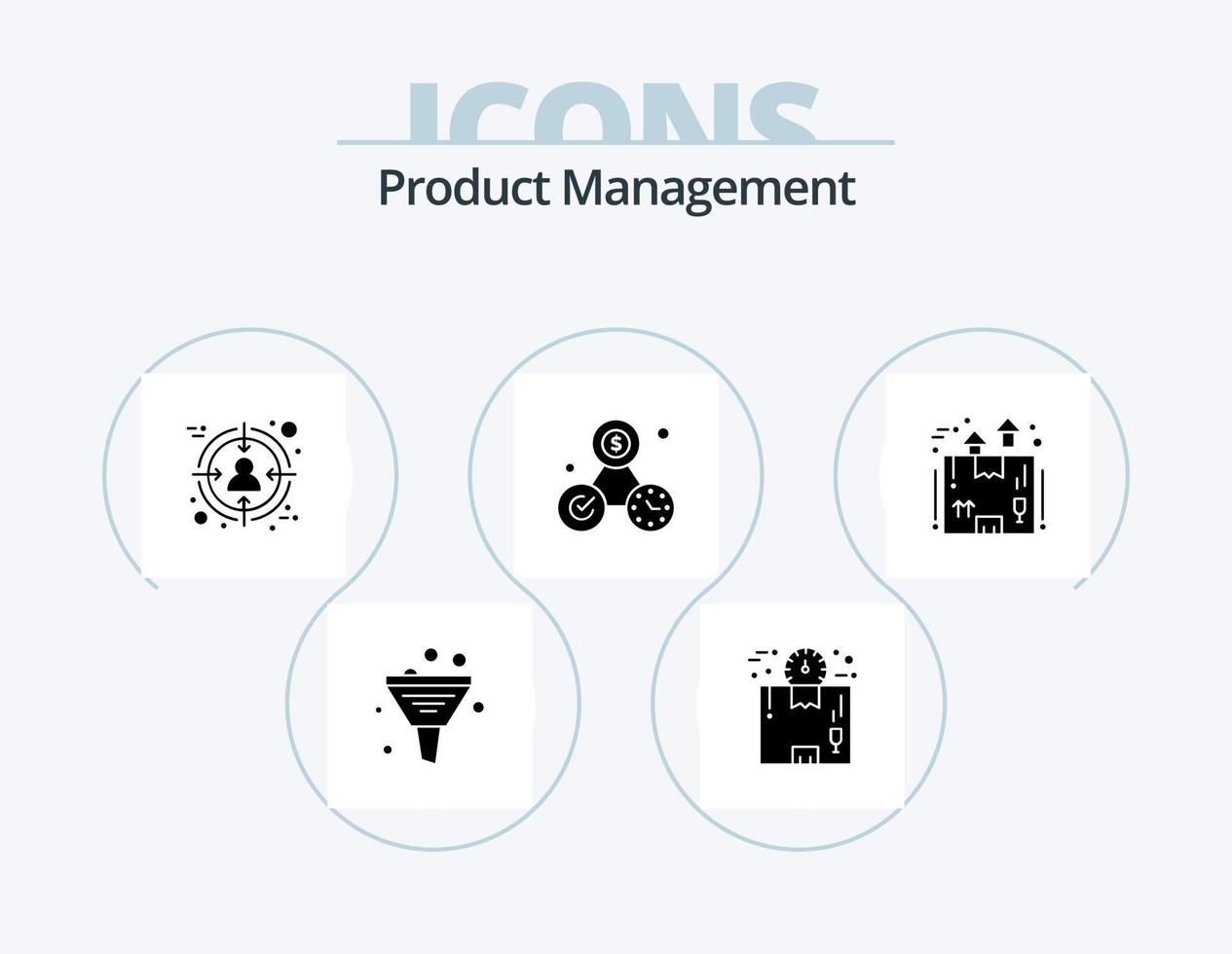 Produktmanagement-Glyphen-Icon-Pack 5-Icon-Design. Perfektion. Geld. Paket. Uhr. Kunde vektor