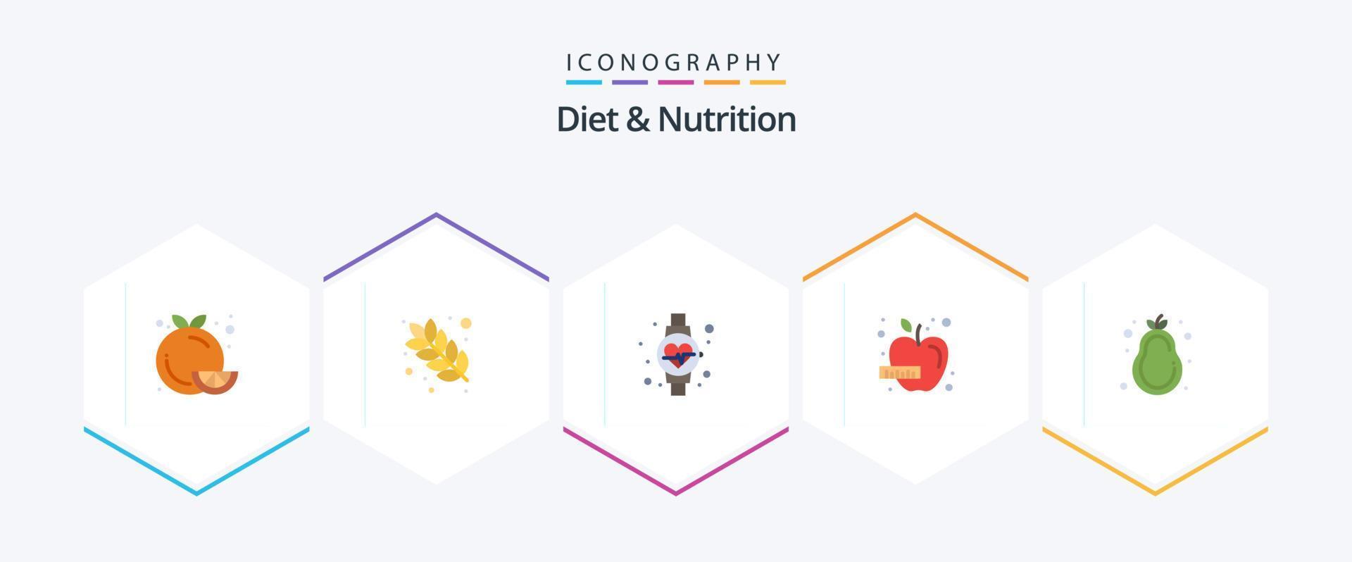 diet och näring 25 platt ikon packa Inklusive friska diet. grönsak. näring. hälsa. äpple vektor