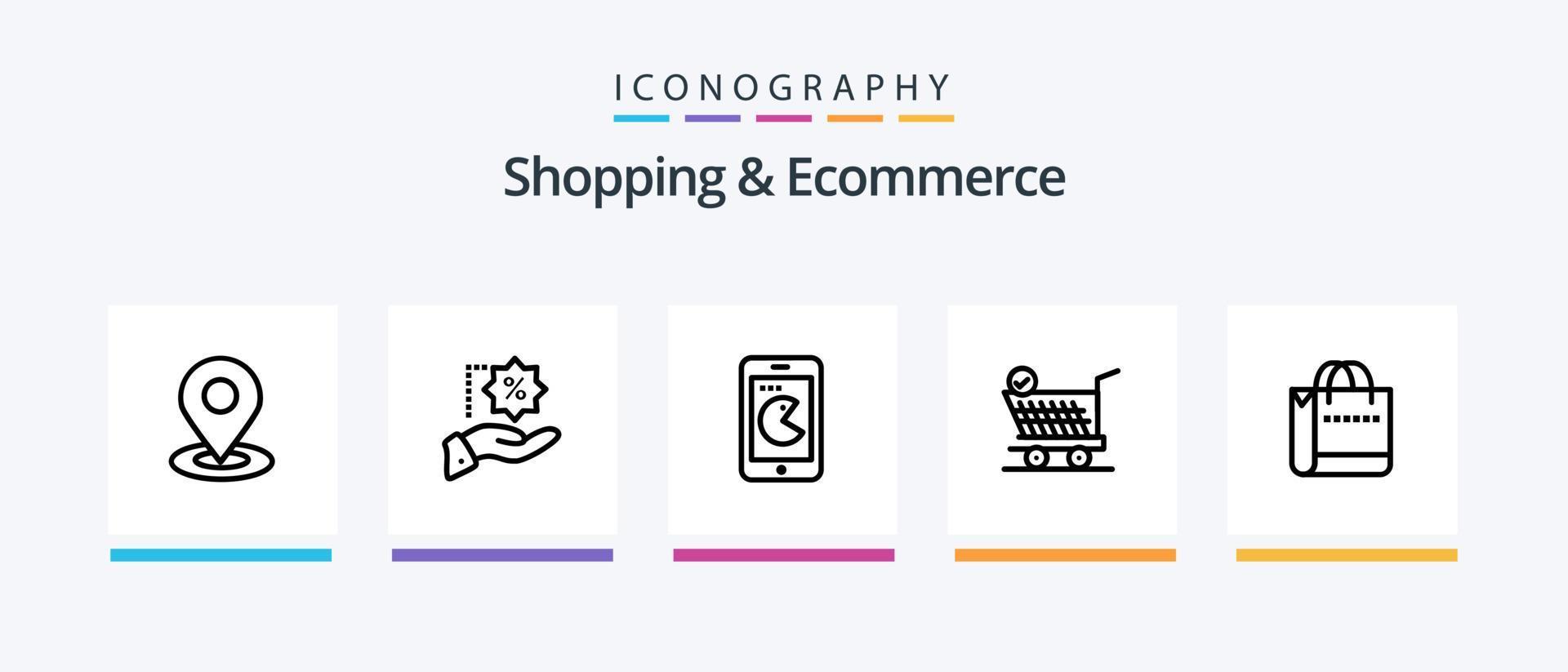 Shopping und E-Commerce Line 5 Icon Pack inklusive Tasche. Lebensmittel. Geldbeutel. Korb. Laden. kreatives Symboldesign vektor