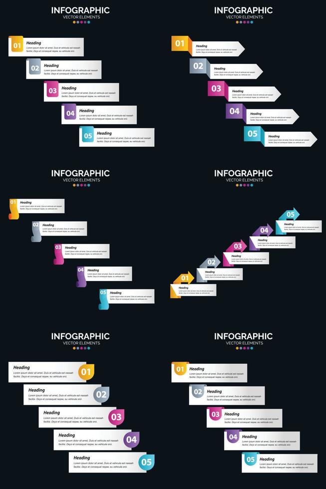 Vektor 6 Infografiken Pack Präsentationsfolie Vorlage 5 Schritte Zyklusdiagramme und Zeitleisten