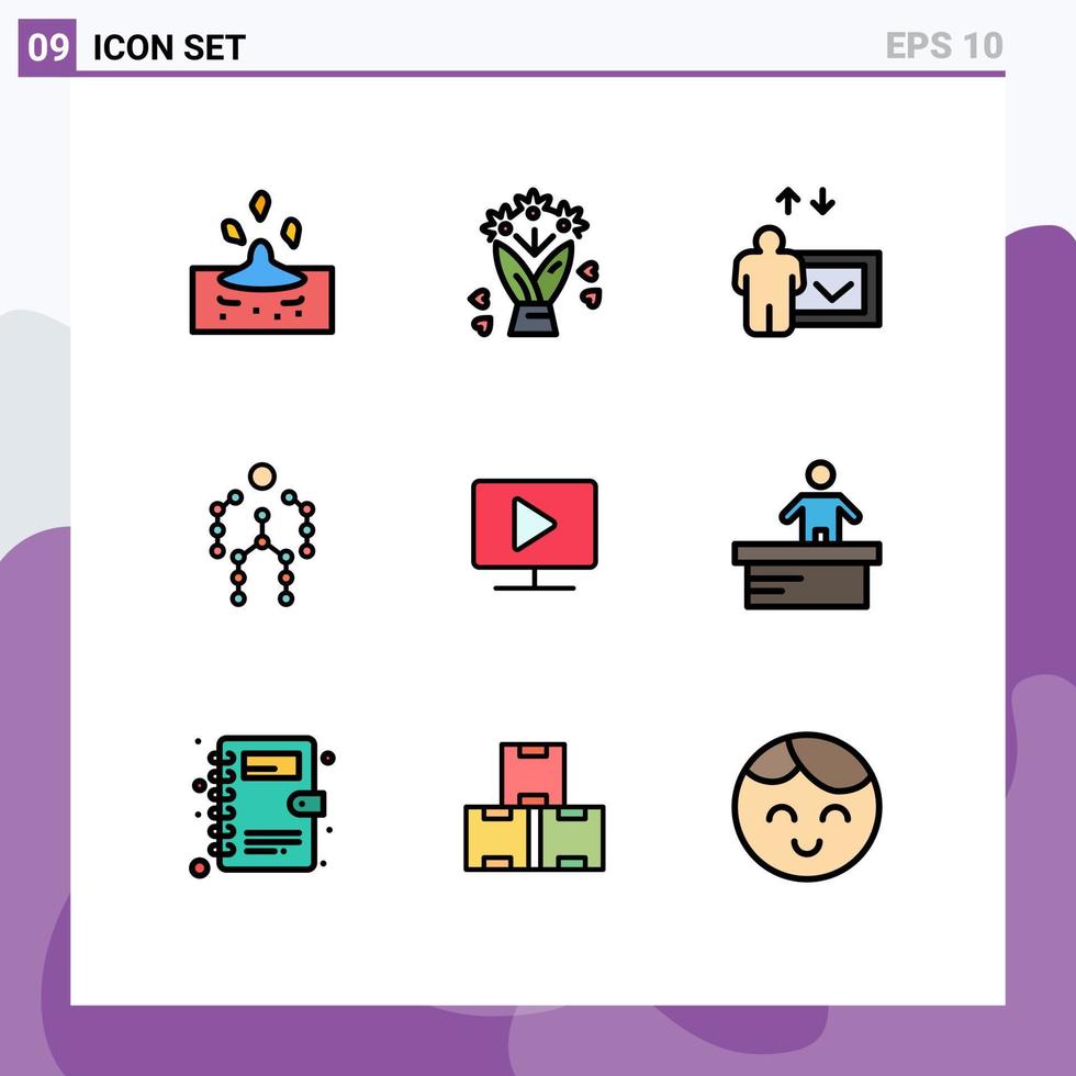 Satz von 9 Vektor-Fülllinien-Flachfarben auf Raster für Videomonitor-Präsentation Motion Capture editierbare Vektordesign-Elemente vektor