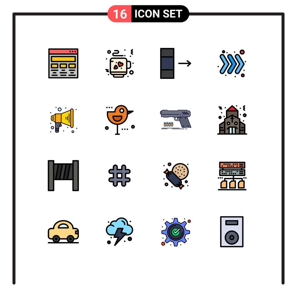 flache, farbgefüllte linie der mobilen schnittstelle mit 16 piktogrammen der herbstmegaphonsäule kündigen rechts editierbare kreative vektordesignelemente an vektor