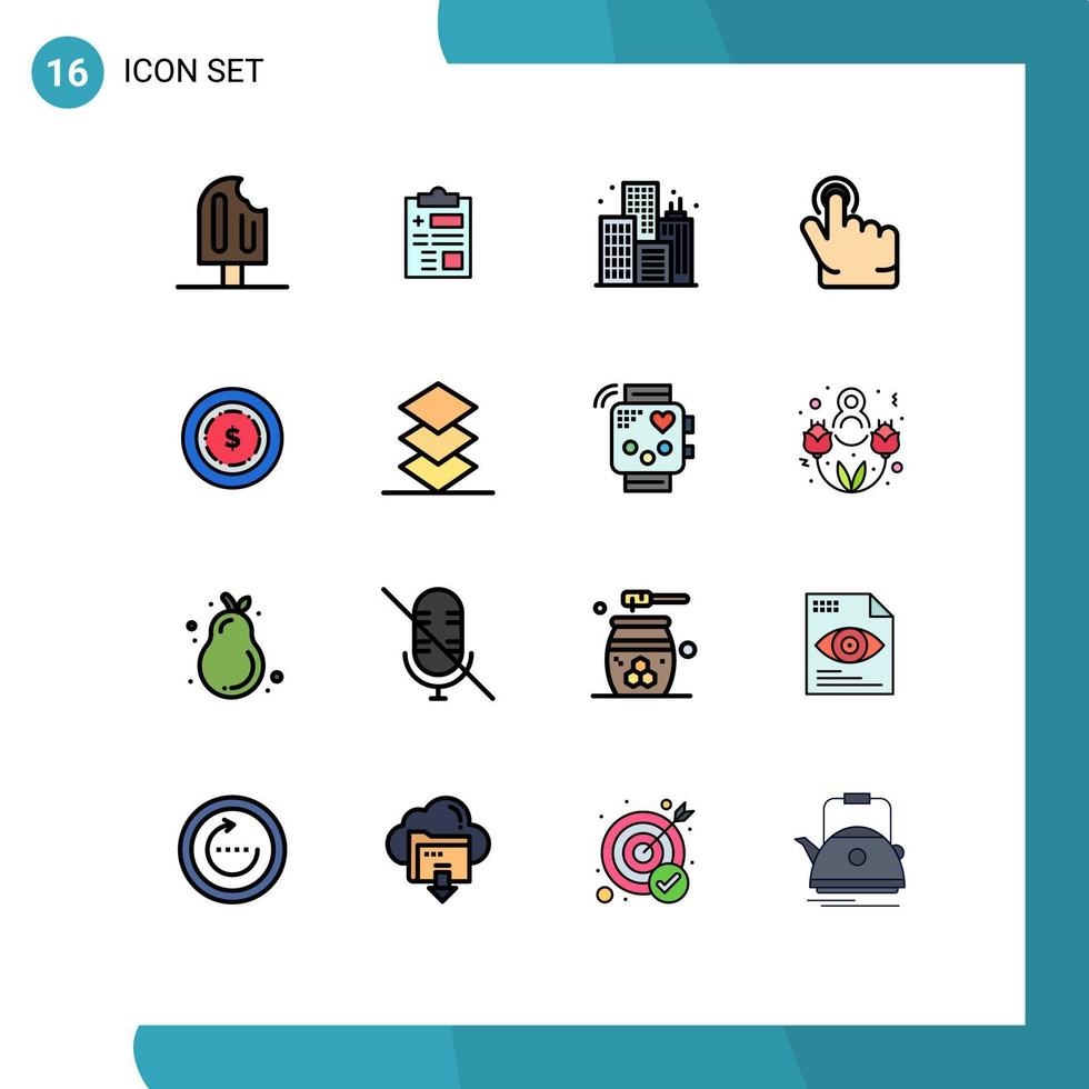 mobil gränssnitt platt Färg fylld linje uppsättning av 16 piktogram av maony amerikan sjukvård hand klick redigerbar kreativ vektor design element