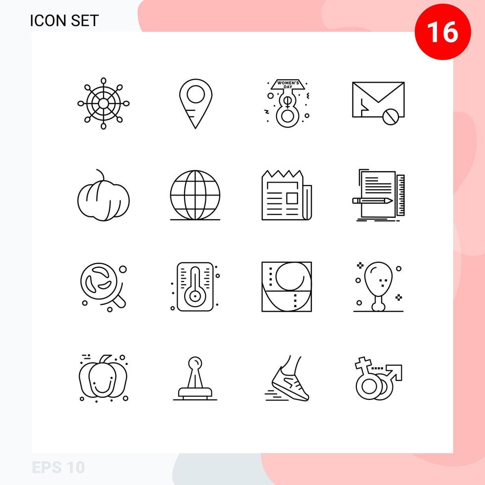 moderner Satz von 16 skizziert Piktogrammen von globalen Kürbis-Tag-Essen-SMS-editierbaren Vektordesign-Elementen vektor