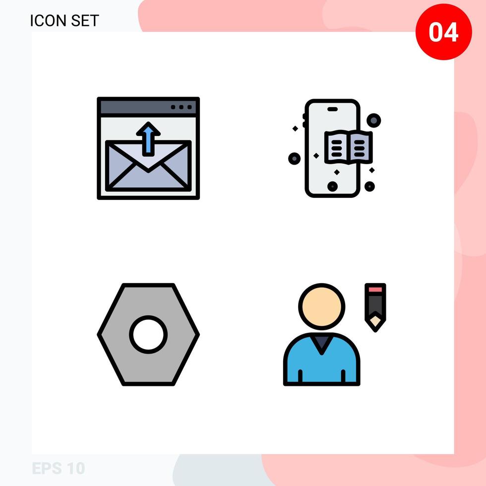 grupp av 4 modern fylld linje platt färger uppsättning för kommunikation användare gränssnitt e-post utbildning bok profil redigerbar vektor design element