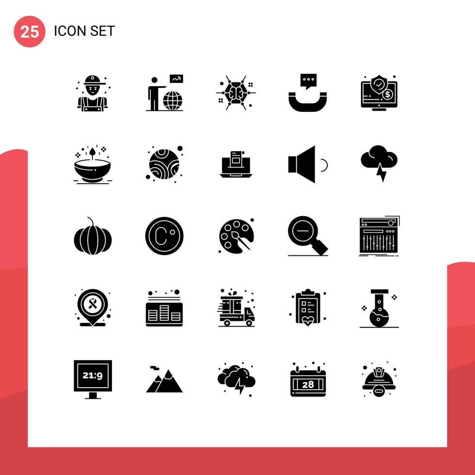 piktogrammsatz von 25 einfachen soliden glyphen von sms-nachricht pfeil ideen gehirn editierbare vektordesignelemente vektor