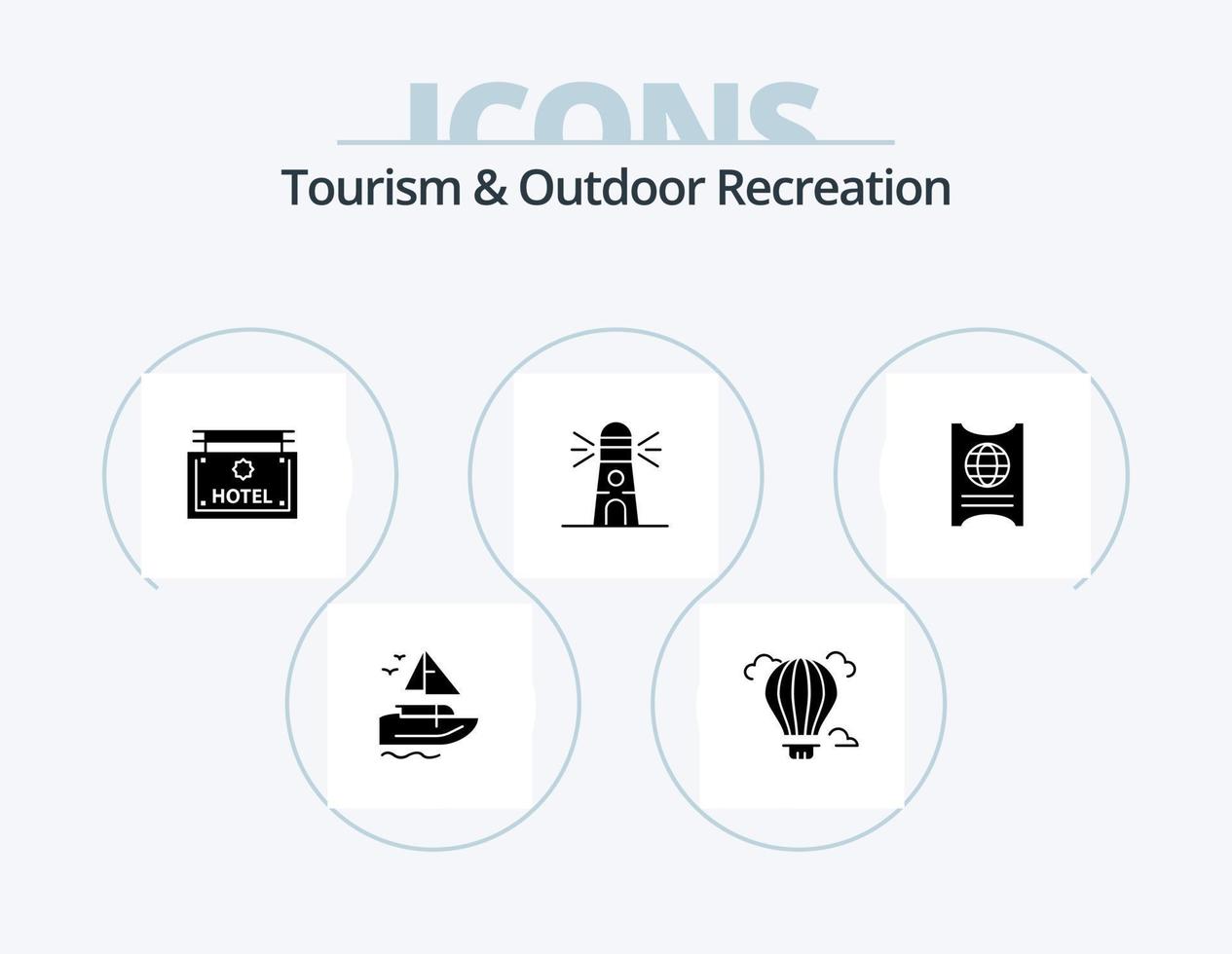 turism och utomhus- rekreation glyf ikon packa 5 ikon design. passboart. hus. hotell . navigering. fyr vektor