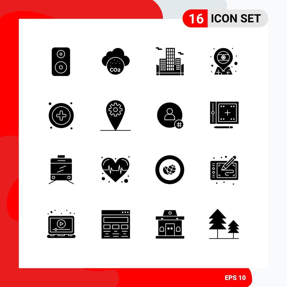 Solides Glyphenpaket mit 16 universellen Symbolen für Ausrüstung plus bearbeitbare Vektordesignelemente für die Flagge der Geschäftsschnittstelle vektor