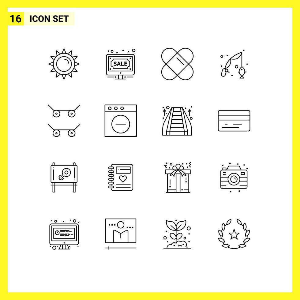 Stock Vector Icon Pack mit 16 Linienzeichen und Symbolen für App-Skateboardverkauf-Hobbyfischen editierbare Vektordesign-Elemente