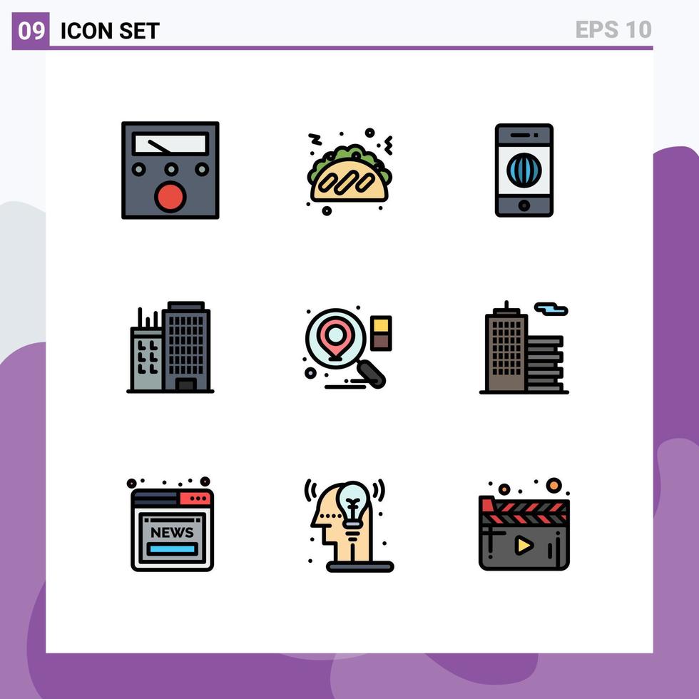 Satz von 9 Vektor-Fülllinien-Flachfarben auf Raster für die Gebäudesuche, Internet-Standort, Büro, editierbare Vektordesign-Elemente vektor