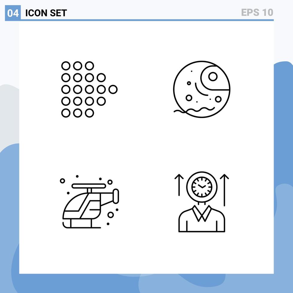 Packung mit 4 modernen Zeichen und Symbolen in flachen Farben für Web-Printmedien wie Pfeilhubschrauber entfernte Planetenzeit editierbare Vektordesign-Elemente vektor