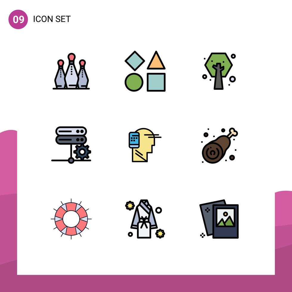 grupp av 9 fylld linje platt färger tecken och symboler för kommunikation server leksak nätverk växt redigerbar vektor design element