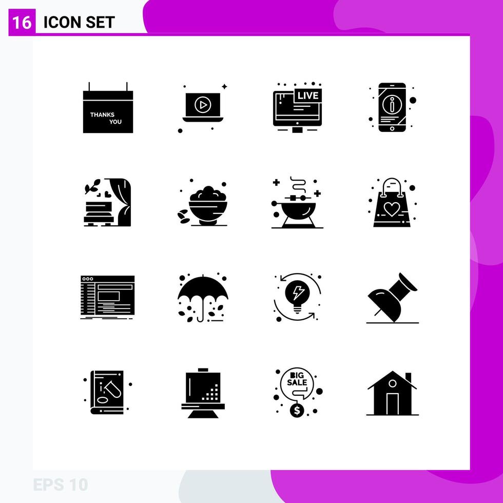 16 universelle solide Glyphen, die für Web- und mobile Anwendungen eingestellt sind, lieben den Bildschirm mobiler Informationen Informationen editierbare Vektordesign-Elemente vektor