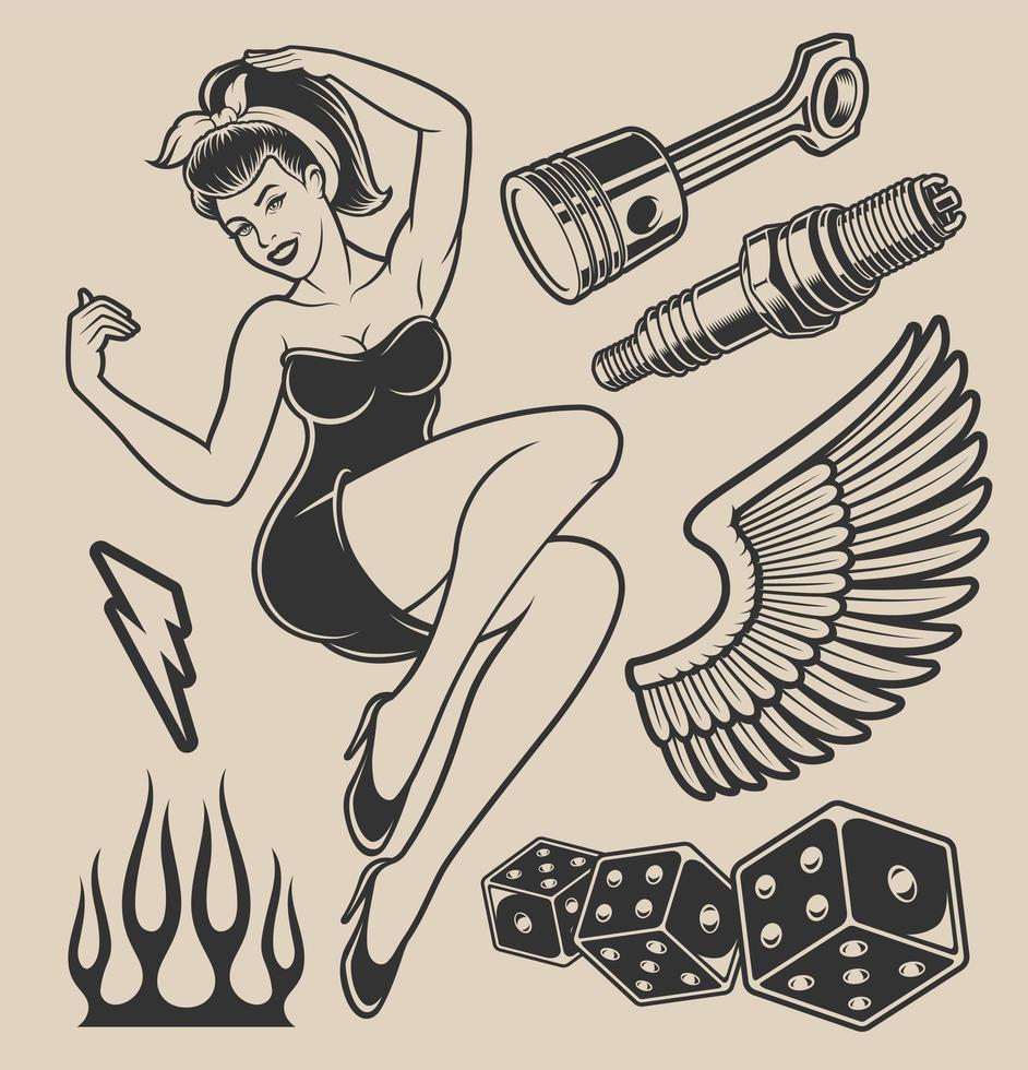 Illustration des Pin-up-Mädchens mit Elementen für Design vektor