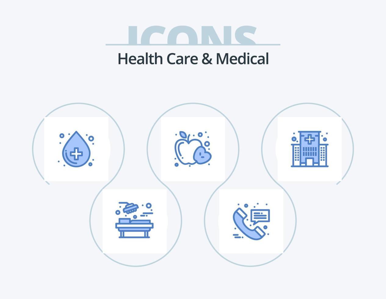 Gesundheitswesen und medizinisches blaues Icon-Pack 5-Icon-Design. Pflege. Gesundheit. Blut. Obst. Apfel vektor