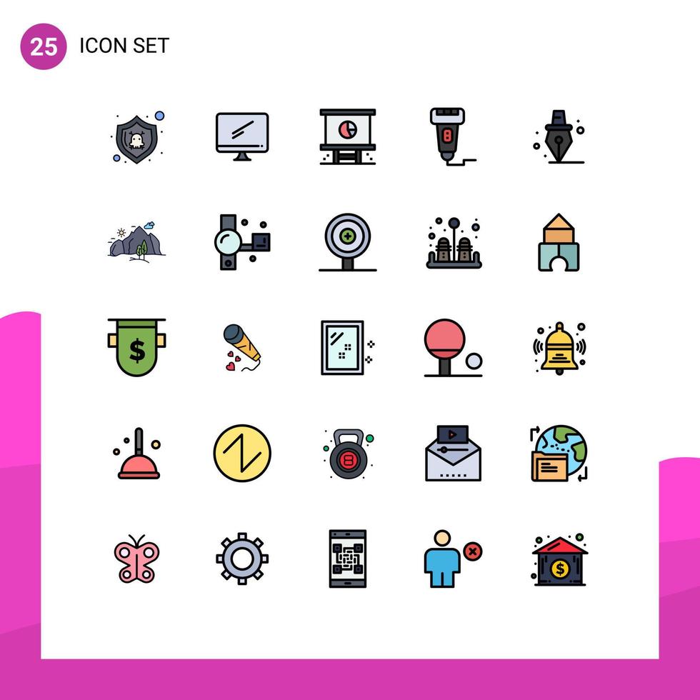 Piktogrammsatz von 25 einfachen gefüllten Linienflachfarben von Preismaschinen-PC bargeldlose Planung editierbare Vektordesign-Elemente vektor