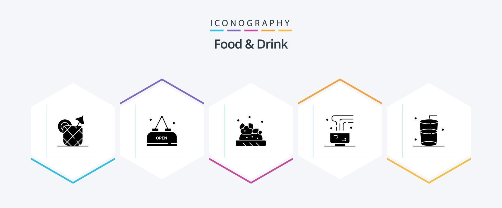 mat och dryck 25 glyf ikon packa Inklusive varm dryck. mat. öppna. kaffe. dryck vektor