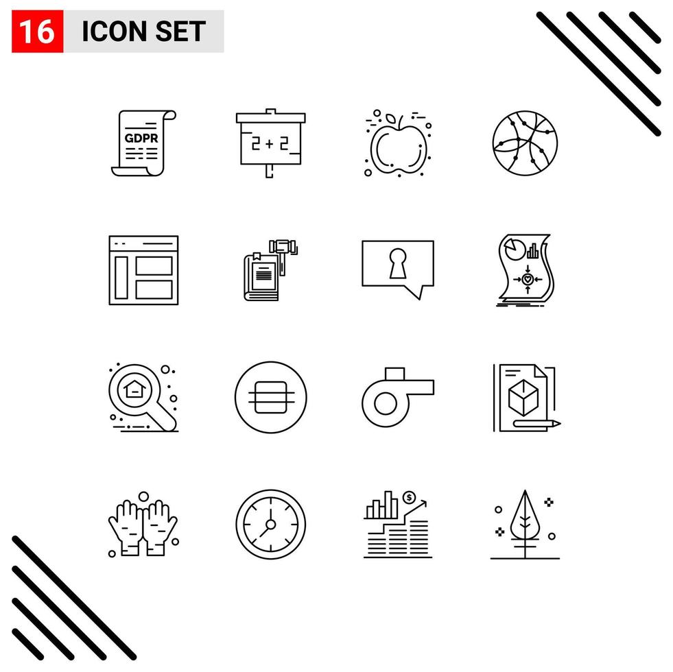 Stock Vector Icon Pack mit 16 Zeilen Zeichen und Symbolen für Sidebar Interface Fruit Communication Network editierbare Vektordesign-Elemente