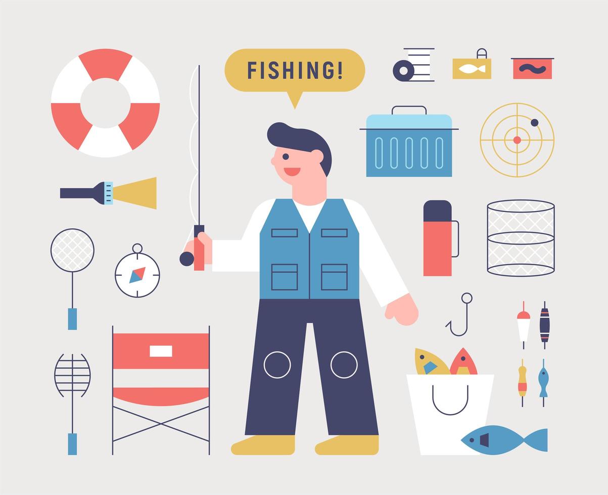 fiske man och fiskeutrustning vektor