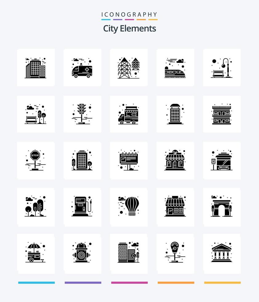 Creative City Elements 25 Glyph Solid Black Icon Pack wie Licht. Park. Turm. Stadt. Bahn vektor