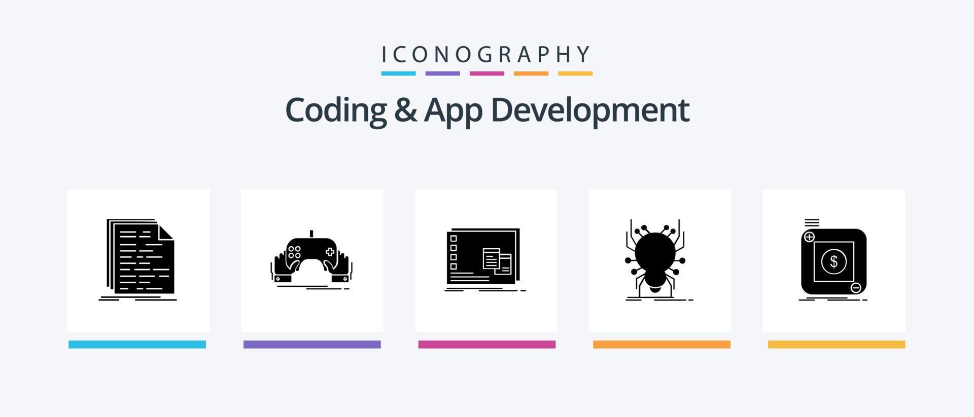 kodning och app utveckling glyf 5 ikon packa Inklusive insekt. program. underhållning. os. mac. kreativ ikoner design vektor