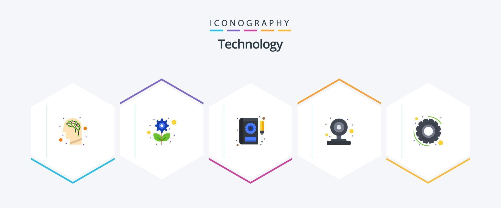 Technologie 25 Flat Icon Pack inklusive Optionen. Videokamera. Wagen. Webcam. Kamera vektor