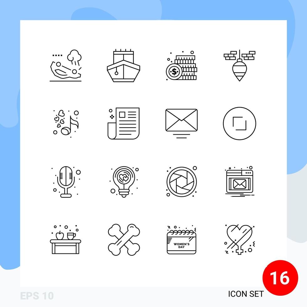 moderner Satz von 16 Umrissen und Symbolen wie Liebeslot-Münzenbob-Zahlung editierbare Vektordesign-Elemente vektor