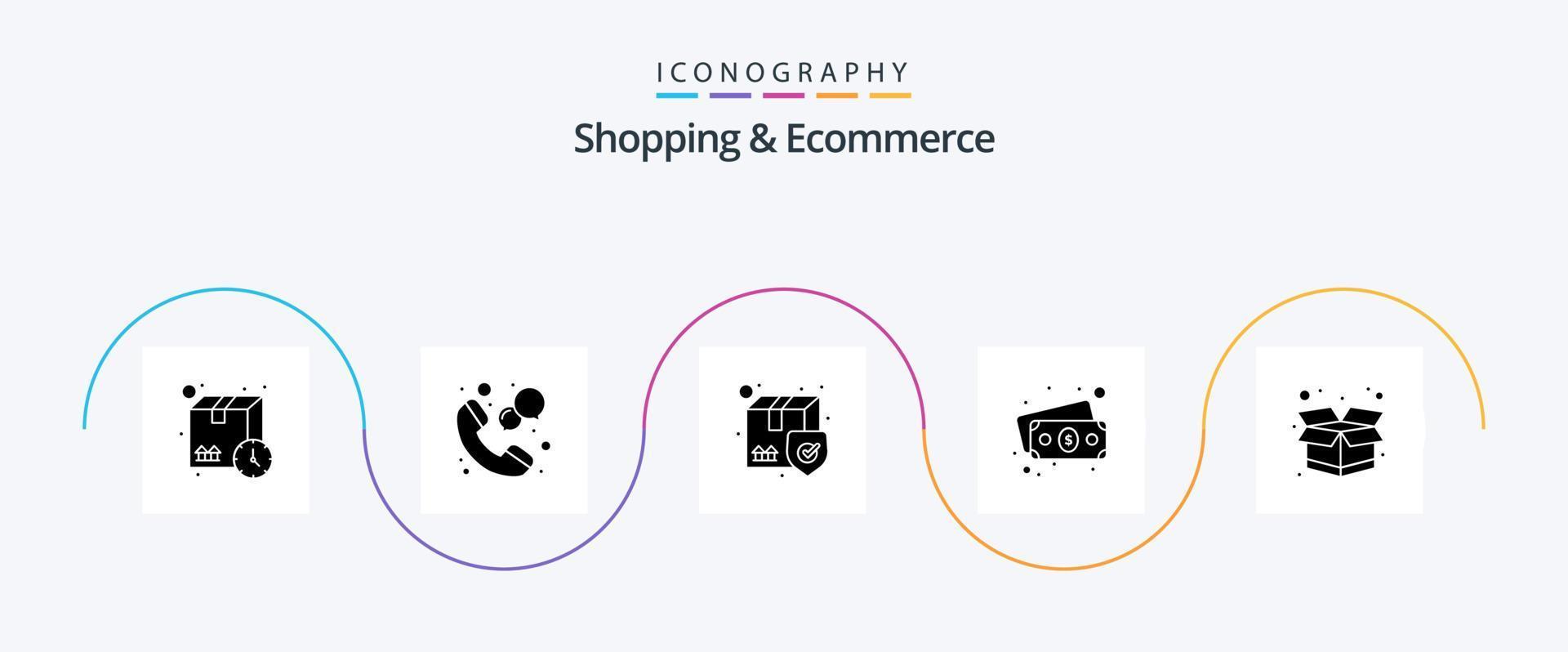 Shopping und E-Commerce Glyph 5 Icon Pack inklusive Versand. Pack. Lieferung. Geld. Banknote vektor