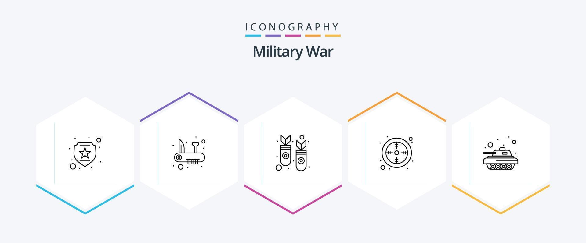 militär krig 25 linje ikon packa Inklusive militär. syn. misslar. punkt. syfte vektor