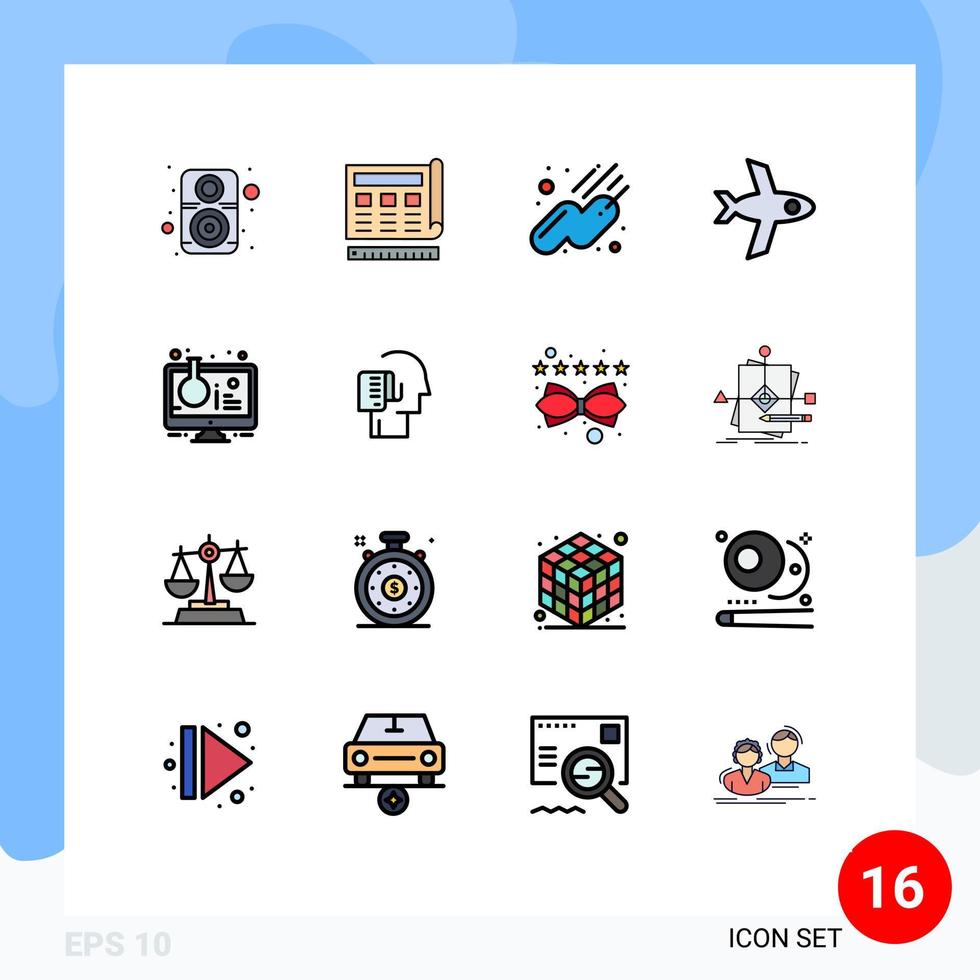 mobil gränssnitt platt Färg fylld linje uppsättning av 16 piktogram av prov rör uppkopplad experimentera webb flaska flyg redigerbar kreativ vektor design element