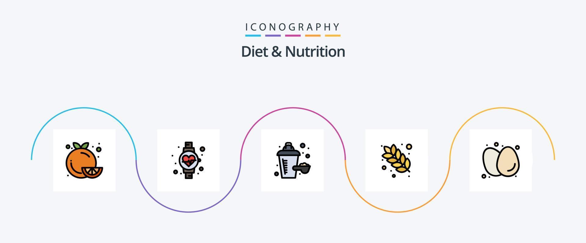 diet och näring linje fylld platt 5 ikon packa Inklusive diet. kokt ägg. tillsats. näring. mat vektor