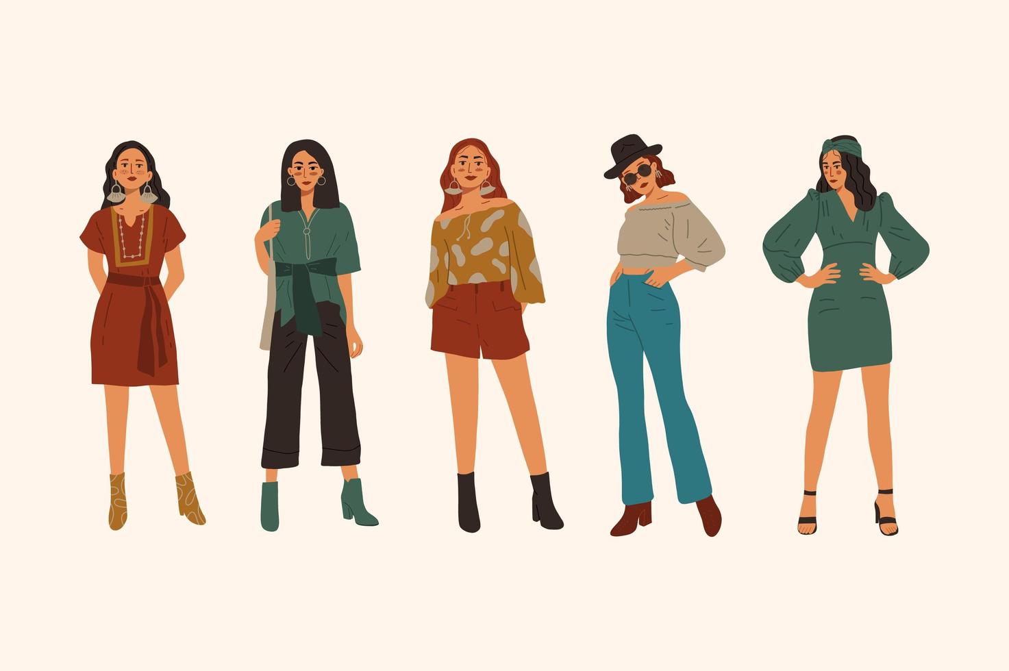 Set mit 5 Hipster-Girls in modischen Outfits vektor