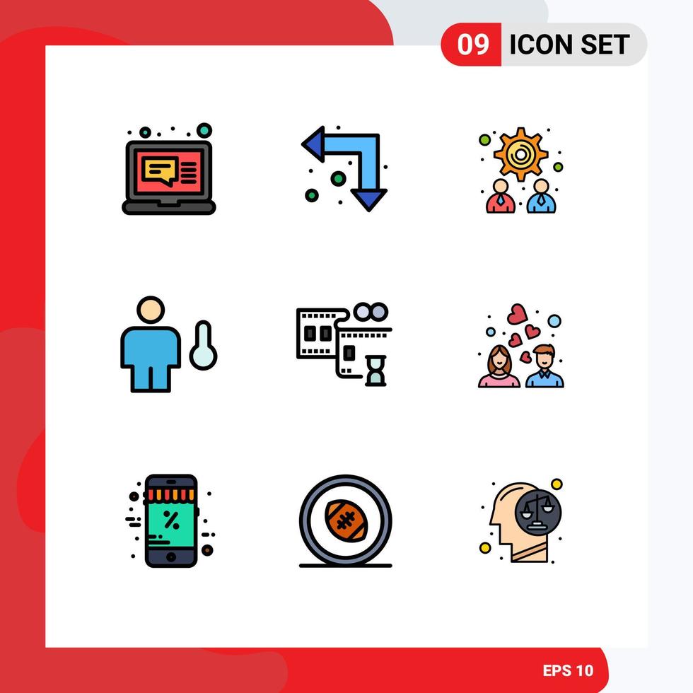 Stock Vector Icon Pack mit 9 Zeilenzeichen und Symbolen für das Filmstreifen-Temperaturmanagement des menschlichen Körpers editierbare Vektordesign-Elemente