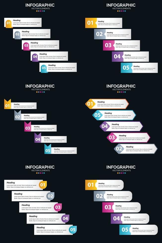 Vektor 6 Infografiken Pack Präsentationsfolie Vorlage 5 Schritte Zyklusdiagramme und Zeitleisten