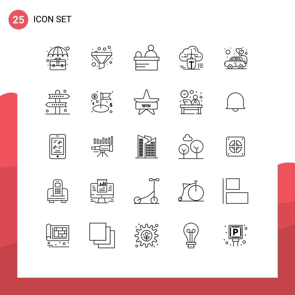 Gruppe von 25 modernen Linien, die für Herzdatenkassierer online Cloud-editierbare Vektordesign-Elemente festgelegt werden vektor