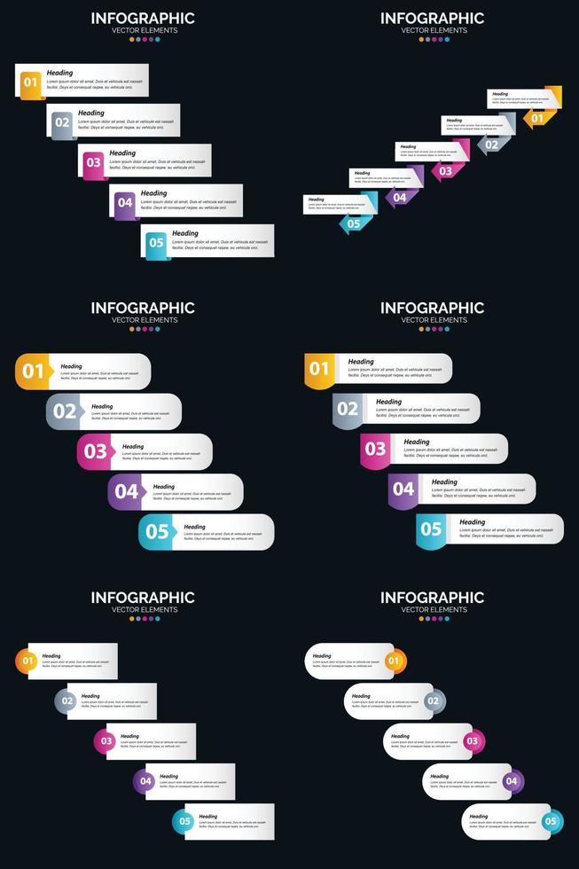 Vektor 6 Infografiken Pack Präsentationsfolie Vorlage 5 Schritte Zyklusdiagramme und Zeitleisten